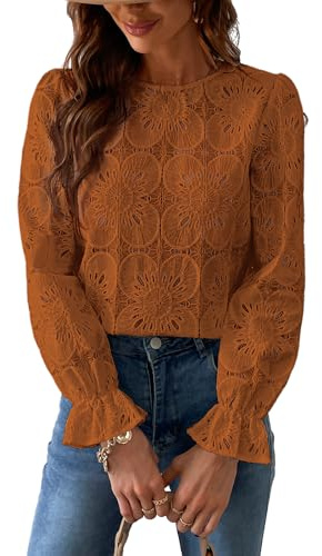 CUPSHE Chemisier Femme Chic en Dentelle Coton Guipure Haut Manches Longues Évasées T-Shirt Ajouré Motif Floral Élégant Blouse Bohème Vintage Rouge Brique XL