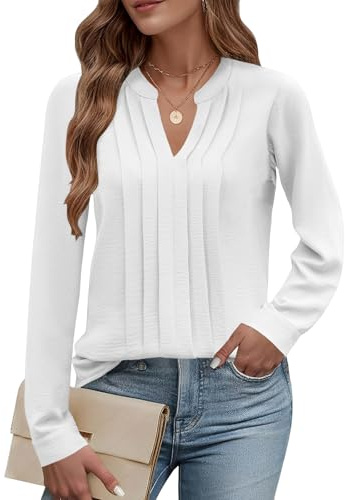 Cuptacc Women Tops Long Sleeve Chiffon V-Neck Blouses Solid Color Casual Office Work Tops for Ladies White, Large L 16-18