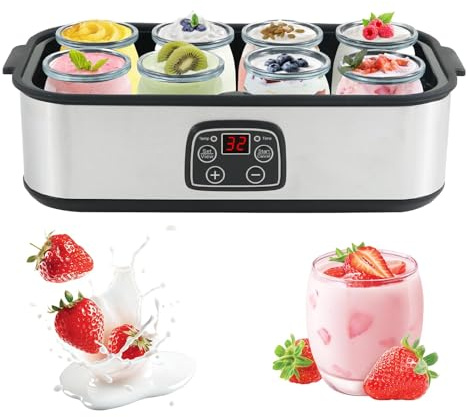 Yogurt Maker 1500ml with 8 Glass Jars, Stainless Steel Yogurt Maker Machine with LED Display, Adjustable Temp and 48H Timer, for Making Organic Yogurt, Healthy Homemade Desserts (8×180ml Glass Jars)