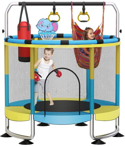 Trampoline pour enfant de 150 cm pour extérieur/intérieur avec panier de | Filet de sécurité, barre de gymnastique réglable en hauteur, charge jusqu'à 200 kg, avec anneaux de suspension, balançoire