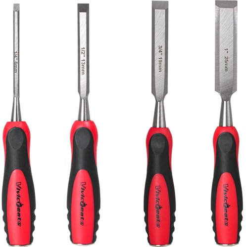 Vivicreate 4 Piece Wood Chisel Set for Woodworking CR-V Steel Beveled Edge Wood Chisels with Strike Caps Protective Blade Covers and Ergonomic Handle 1/4 1/2 3/4 1 Inch