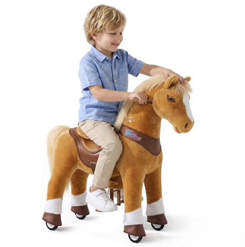PonyCycle - Caballo de Montar Mecánico con Sonidos para Niños de 4 a 7 Años, Marrón Claro con Sillín Elevado Realista, Caballo Balancín con Ruedas y Freno, Regalo de Cumpleaños para Niños y Niñas Y471