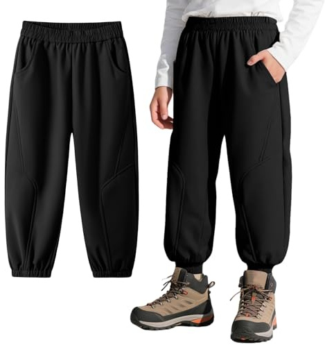 Domueay Pantalones Softshell para niños con Forro Polar, Invierno Pantalón Térmicos Impermeables con Bolsillos para niños, Pantalones de para Senderismo Outdoor montaña Trekking, 8-9 años, Negro
