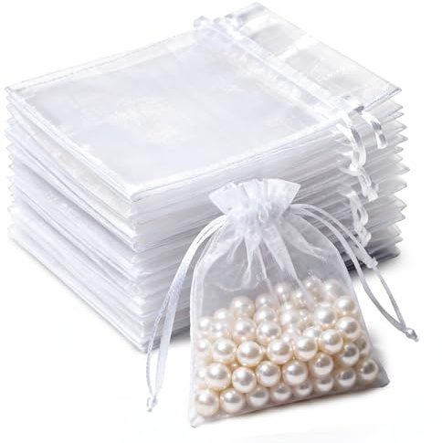 50 PCS White Organza Gift Bags, 10 x 12 cm Clear Mesh Pouches, Jewellery Bags, Candy Mesh Pouches for Wedding Favours, Christmas, Birthday, Anniversary, Party Supplies