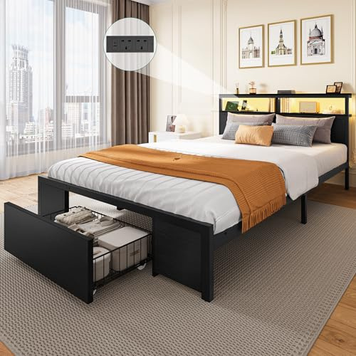 YITAHOME Bed Frame,LED with Headboard,Type-C USB Ports & Charging Outlets,Metal Platform Bed Frame No Box Spring Needed King Size Black