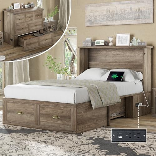AMERLIFE Twin Size Murphy Bed, Farmhouse Wooden Cabinet with Charging Station and Storage Drawer for Bedroom/Office/Guest Room, Grey Oak