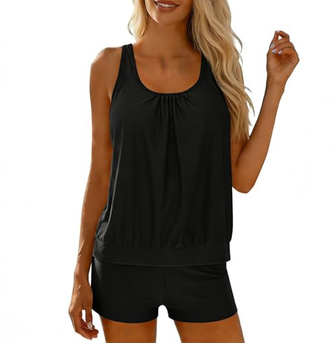 Maillot de Bain Transbronzant Haut Tankini Femme Maillots de Bain Tankini pour Femmes, Maillots Deux pièces, débardeur à Motif avec Shorty, Short Femme Long Tanga