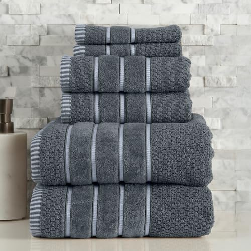 Luxury Cotton Towel Set - Rice Weave 100% Egyptian Cotton 6 Piece Set with 2 Bath Towels, 2 Hand Towels and 2 Washcloths - Silver Gray