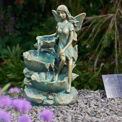 Garden Mile Solar Water Fountain - Vintage Winged Fairy Water Feature with Solar Panel - Bronze Patina Outdoor Garden Fountain - Self-Contained Water Feature for Patio, Lawn & Pond Decor