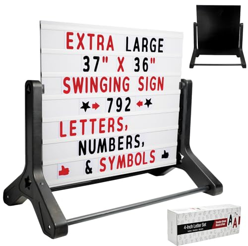 Excello Global Products Swinging Changable Message Sidewalk Sign: 37 x 36 Sign with 792 Pre-Cut Double Sided Letters and Storage Box. Includes Black Sign Board & 4 Liquid Chalkboard & Letter Board