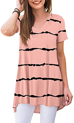 POPYOUNG Women's long Tunic Tops to Wear with Leggings Summer Short Sleeve Loose Fit Dress Shirts M-5XL XXL, Stripe Red