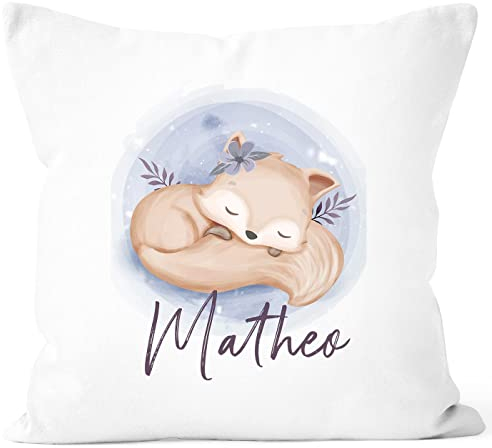 SpecialMe® Kissen-Bezug Kinder mit Namen und Fuchs Motiv Wunschname Namenskissen Jungen Mädchen Baby weiß 40cm x 40cm