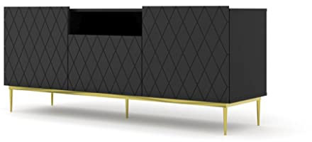 BIM Furniture Meuble TV Diuna avec 3 Portes + 1 Niche en Bois Et Pieds Dorés - Noir Mat - L 145 X P 40 X H 60 Cm