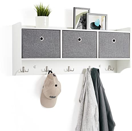 Mondeer Wandgarderobe mit Ablage, Garderobe mit 3 Körben und 5 Haken Holz Mode Stil für Eingang Flur Schlafzimmer Wohnzimmer, B98 x H40 x T22 cm, Weiß