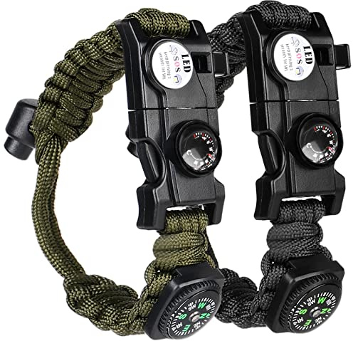flintronic Paracord Survival Bracelet, 2 Pack Survival Kit Bracelets, 8 in 1 Multifunctional Paracord, 100dB Whistle, Compass, Wild Camping Equipment Kit for Emergency
