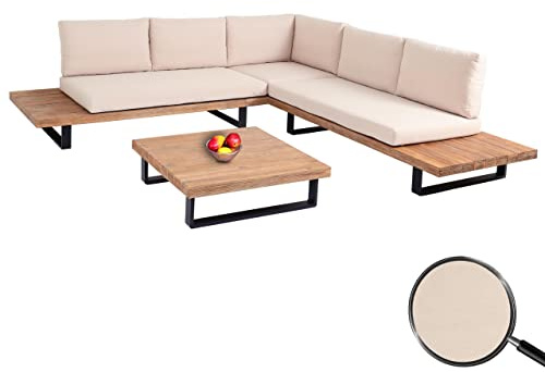 Mendler Garten-Garnitur HWC-H54, Garnitur Sitzgruppe Lounge-Set, Spun Poly Akazie Holz FSC® Alu - Hellbraun, Polster beige