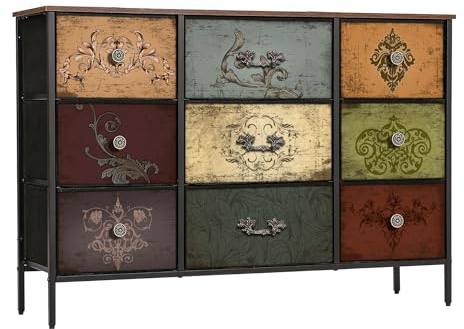VASICAR Dresser for Bedroom with 9 Deep Fabric Drawers, Wide TV Stand Storage Cabinet, Colorful Chest of Drawers for Closet, Nursery, Entryway, Hallway