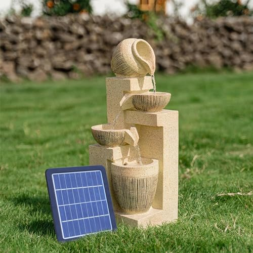 Warmiehomy Solar Powered Garden Water Feature Cascading Bowl Shaped Fountain With Lights, Decorative Solar Pond Waterfall Ornaments for Pond Decor