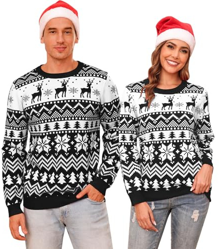 Aottori Jersey Navidad Mujer Suéter Navideño Punto Cuello Redondo Pareja Familia Unisex Pullover Manga Larga Invierno Reno Copo Nieve Cálido Mujer-Negro M