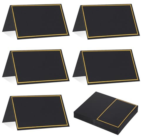 Place Cards for Table Setting - 50Pcs Blank Table Place Cards with Gold Foil Border, Table Seating Name Cards for Weddings, Banquets Dinner Parties (Folfding Size 2x3.75 inches) (Black)