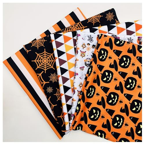 BrightGlow Lot de 5 tissus patchwork d'Halloween - 25 x 25 cm - Tissu à motifs d'Halloween - À coudre - Fat Quarters - Tissu imprimé - Vendu au mètre - Pour bricolage, artisanat, décoration de fête #1