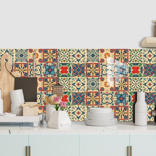 Kitchen Tile Stickers 15cm x 15cm Green and Red Stick on Tiles Tile Stickers for Bathroom Stick on Wall Tiles Backsplash for Kitchen Stick on Tiles Self-Adhesive Vinyl Home Decoration （10 Pieces）
