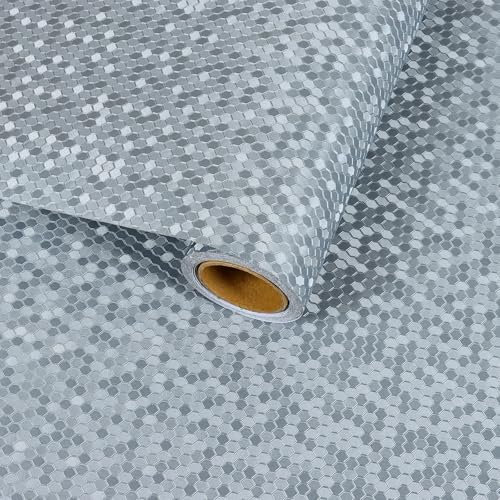 VaryFloral Silver Wallpaper 30cmx300cm Adhesive Wallpaper Thickened Texture Contact Paper Luxury Silver Foil Mosaic Sticky Back Vinyl Waterproof Removable Countertop Vinyl Covering for Furniture Room