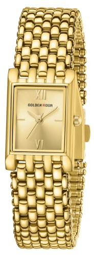 GOLDEN HOUR Vintage rektangulärt armband guldklocka för kvinnor, Guld/guld, vintage
