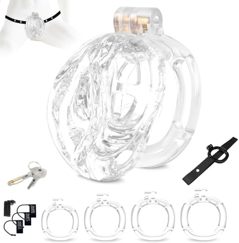 Qcpuuu Cinture di castità Gabbia per il pene, Gabbia di castità regolabile con clitoride realistico, Sex toy fetish Sissy con 4 anelli per il pene e 2 chiavi, Trasparente