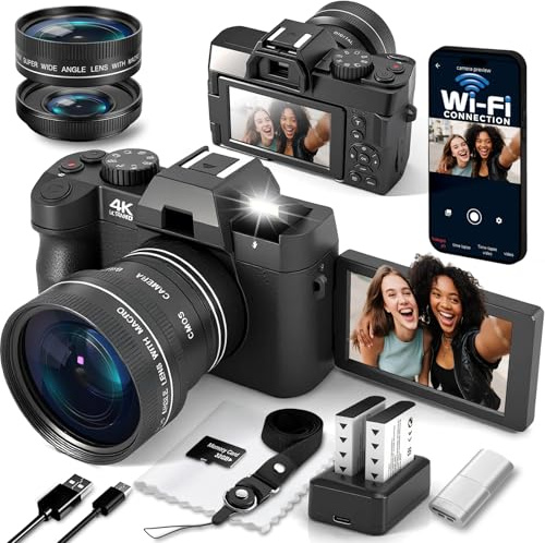 Cámara digital 4K para fotografía con WiFi, cámara de vlogging para YouTube, autoenfoque, cámara digital compacta con pantalla abatible, con 2 baterías, lente ancha y macro, tarjeta microSD, lector de