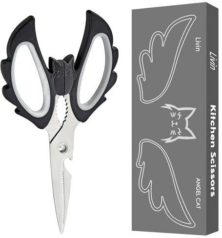 Livin Aesthetic Angel Wings & Cat Kitchen Scissors - Ambidextrous Large Grip Handle Shears for Right & Left Handed - Ergonomic Comfortable Food Scissors for Kitchen, Office & Crafting