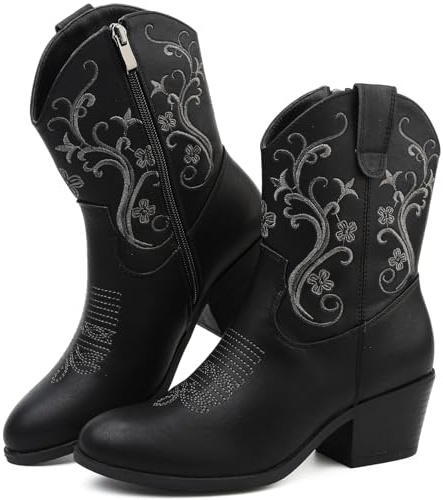 Cowboy Boots for Women Cowgirl Boots Side Zip Embroidered Block Heel Black