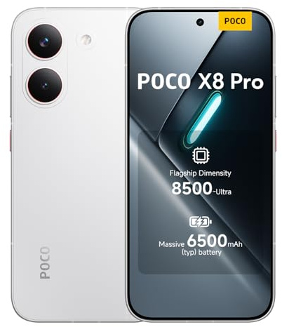 XIAOMI POCO X8 Pro - Smartphone de 8+256GB, Dimensity 8500-Ultra, batería de 6500 mAh, Sensor Sony IMX882 de 50MP con OIS, 1 año de garantía Extra, Cargador no Incluido, Blanco (Versión ES)