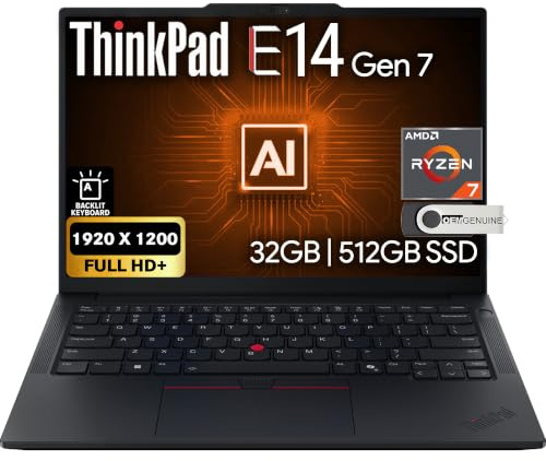 Lenovo ThinkPad E14 Gen 7 14 FHD+ Display, AMD Ryzen 7 250 (Beats Core 7 240H), 32GB DDR5 RAM, 512GB SSD PCIe, Backlit KB, WiFi 6E + BT, RJ-45, FHD Webcam, Windows 11 Pro, AI Business Laptop - Black