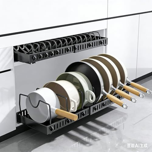 Bxmeet Pull Out Pots and Pans Organizer, 12 Adjustable Dividers Carbon Steel Cookware Lid Rack Ball Bearing Slides, Under Cabinet Slide Out Kitchen Storage for Pot Pan Bakeware Home Cooks Chefs