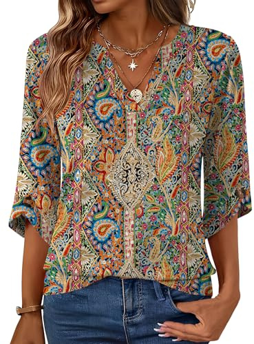 Rapbin Womens Tops UK 3/4 Sleeve T Shirts V Neck Shirt Summer Fall Blouse | Womens Tops UK 3/4 Sleeve T Shirts 2026 V Neck Shirt Summer Fall Blouse Tunic Casual Loose Clothes Outfits