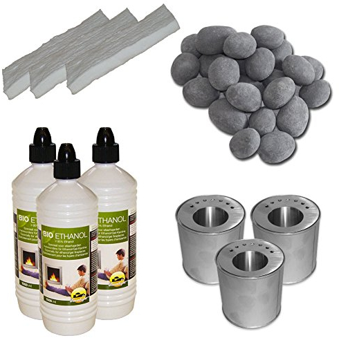 Original Hekers Set Keramik-Steine 24Stk grau. + 3 L Bioethanol + 3 Brenndosen inkl. Sparplatte + 3 Keramik-Schwämme für Gelkamin Tischfeuer Dekoration Kamin-Deko Bioethanol-Kamin