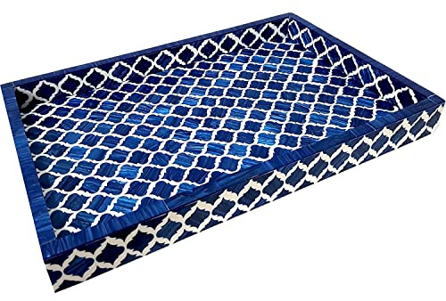 Handmade Blue White Bone Inlay Serving Tray Moroccan Damask Rectangular Wooden Platter for Dining Decor Breakfast Cheese Board Vanity Organizer