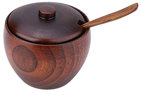 Hakeeta Tarro de especias de madera maciza, olla de condimento, azucarero, vinagre de sal pimienta, condimento, contenedor de almacenamiento de condimento, utensilio de cocina con cuchara y tapa