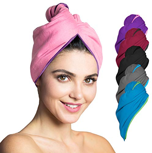 Fit-Flip Haarturban aus Mikrofaser - 1 Stück Haarhandtuch mit Knopf - schnelltrocknend und saugstark - Turban Handtuch für Haare (rosa-lila)