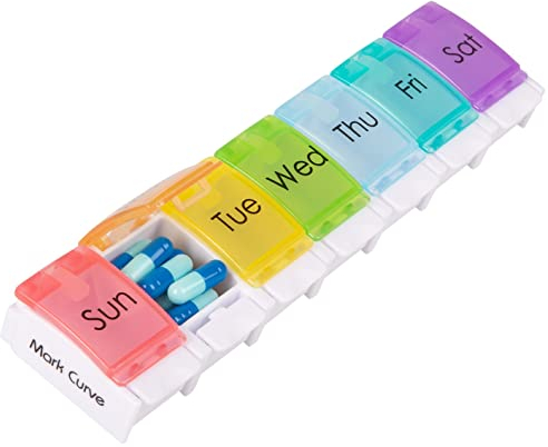 Portable Weekly Pill Box Organiser | Easy to Open 7 Day Premium Quality Tablet Box | Travel Pill Case with Push Button Pop Open Lids |Tablet Organiser for Vitamins, Supplements & Medicine Mark Curve