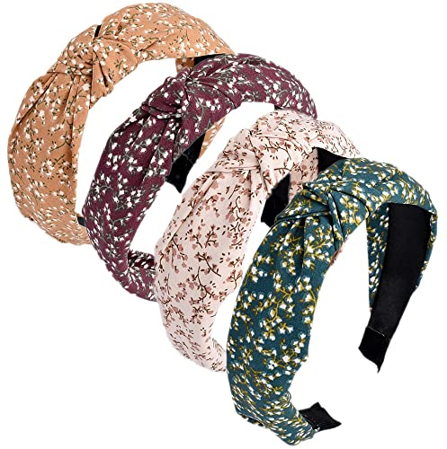 Bandeaux pour femmes Bandeau en tissu sans glissement pour femmes adultes Boho à large nœud Turban Cerceaux élastiques pour cheveux Accessoires de mode pour femmes et filles 4Pcs