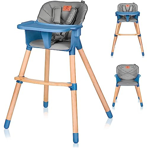 LIONELO Seggiolone Pappa in Legno CELIA per Bambini da 6 Mesi e per Adulti fino a 90kg Cresce con il Bambino, Poggiapiedi Regolabile, Cintura di Sicurezza a 5 Punti (BLUE, KOEN)