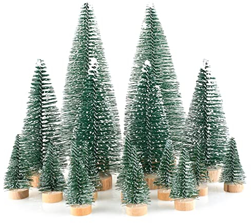 16 Stück Mini Tannenbaum Deko Klein Weihnachtsbaum, Künstlich Miniatur Weihnachtsbaum Grün Gefrostete Mini Christbaum Tree 4.5/10/15cm für Weihnachtsdeko, Tischdeko, DIY, Schaufenster, weihnachtsdorf