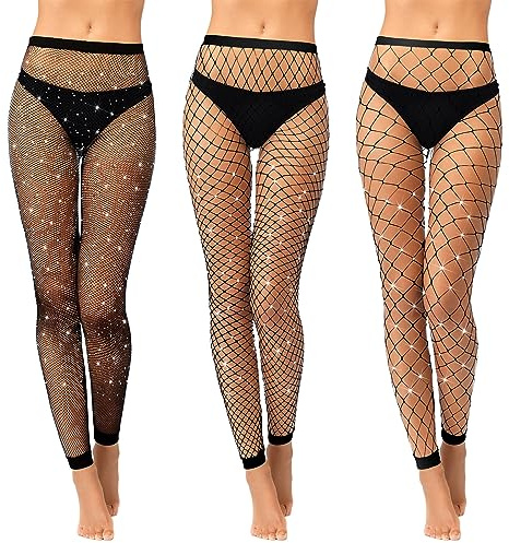 Geyoga 3 Paia Calze a Rete con Strass Donna Collant a Rete Neri senza Piedi a Vita Alta(Nero,M)