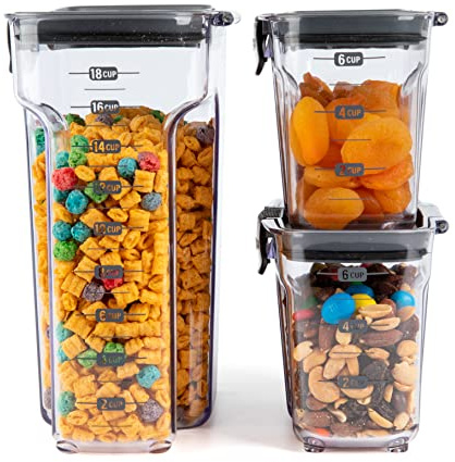 Progressive International ProKeeper+ 3-Piece Clear Plastic Modular Airtight Pantry Cereal Food/Snack Kitchen Storage Organization Container Canister Set