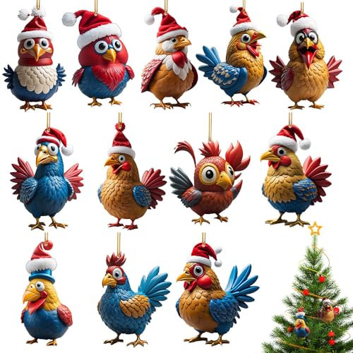 HOVCEH Weihnachtsbaum Anhänger, 12pcs Weihnachtsbaum Anhänger Huhn, Rooster Ornamente, Weihnachtsbaumschmuck Huhn, Cartoon Hahn Dekorative Ornamente Weihnachtsbaum Anhänger Deko Weihnachtsschmuck