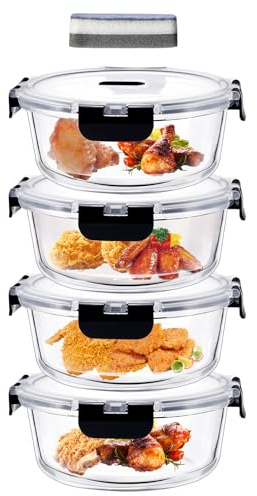 ERUIV Mikrowellengeschirr, (4er) Glasschüssel Mit Deckel-1300ml, Meal Prep Glas rund, Mehrzweck-Vorratsbehälter, Glasbehälter mit großem Fassungsvermögen, Tragbares Brotdosenset, BPA-frei