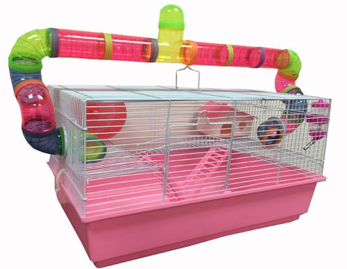 Pink Large 2-Level Expandable and Customizable Habitat Hamster Rodent Gerbil Guinea Pig Mouse Mice Cage Crossing Bridge Long Crossover Tube Deep Tray