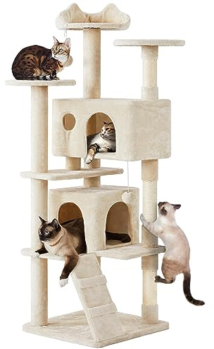 Yaheetech Albero Tiragraffi per Gatti 178 cm con 3 Pali Graffiatoi 3 Posatoi 2 Grotta 2 Pompon in Peluche a Più Livelli Giocattolo Gioco Beige